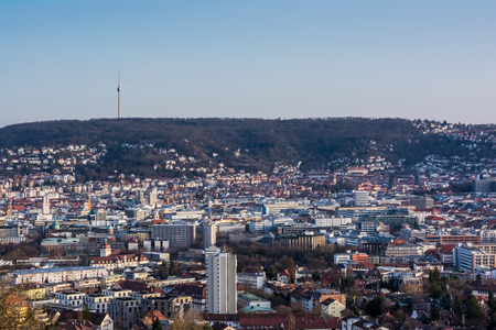 Stuttgart Cityscape Landscape Capital City Baden Wuerttemberg Day Night Sky Buildings Far TV Tower Hills Kesselの写真素材
