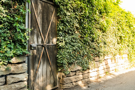 Garden Rustic Entrance Gate Door Residential Home Wall Bricks Exteriorの写真素材