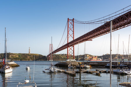 Ponte 25 de Abril Bridge Famous Architectural Sight Lisbon Portugal Landscape Tourist Season Summer August 2017のeditorial素材