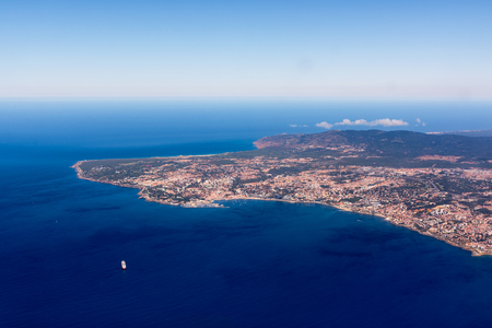 Lisbon Portugal Aerial View Arrival Airplane High Altitude Perpsective Landscapeの写真素材