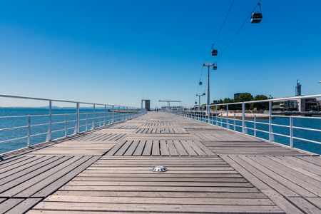 Teleforica de Lisboa Wood Walking Path Dock Ocean Landscape View Park City Lisbon Portugal EUropeanの写真素材