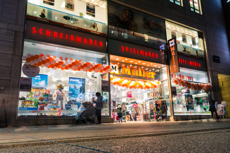 Famous German Store Mueller Large Location Important Stuttgart Germany Main Street Koenigsstrasse Night Illuminated October 27 2017のeditorial素材
