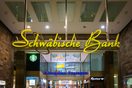 Schwaebische Bank Swabia Stuttgart Main Street Koenigsbau Famous Logo Financial Institution Entrance October 27 2017のeditorial素材
