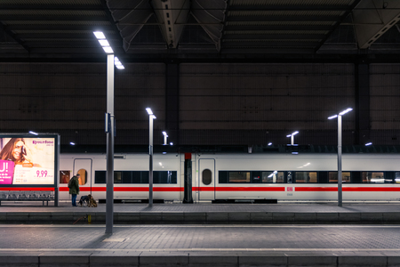Deutsche Bahn ICE Bullet Train Closeup Side Train Station Parked Winter 2017 in Munich, Germany Hauptbahnhofのeditorial素材