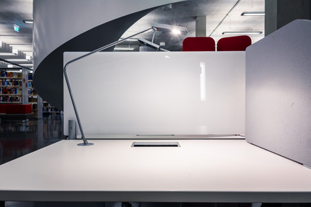 Single Desk Studying Space Library Empty Light Lamp Education University Background Illuminatedのeditorial素材