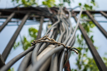 Tangled Electric Wires on City Street in Xi'an, Chinaの写真素材