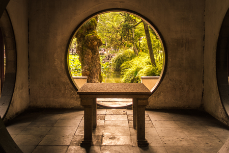 Chinese Traditional Garden Architecture Temple Table Entranceの写真素材