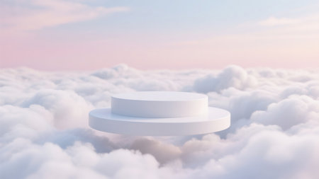 3d render of white podium on the background of blue sky with cloudsの素材