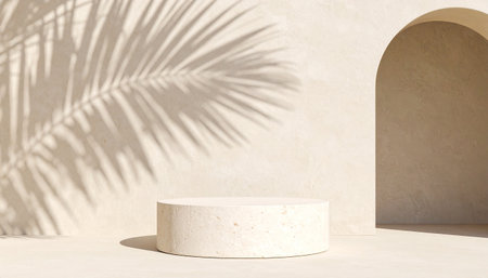 3d render of beige marble podium with shadows of palm leaves.の素材