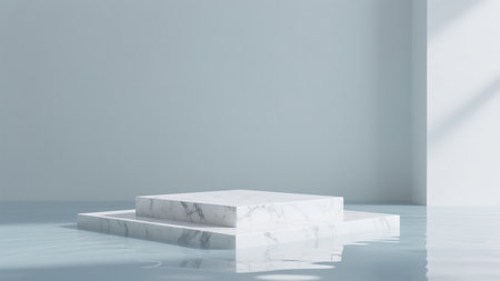 3d rendering of abstract white marble pedestal with shadow on the floorの素材