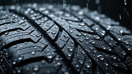 Close up of car tire with water drops. Shallow depth of field.の素材
