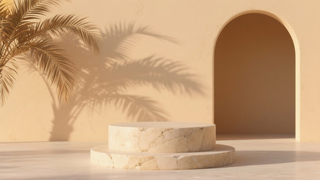 3d render of white marble podium with palm leaf shadows on the wallの素材