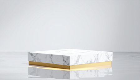 3d rendering of white marble pedestal with gold stripes on floorの素材