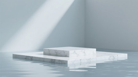 3d rendering of white marble podium for product display in room with sunlight.の素材