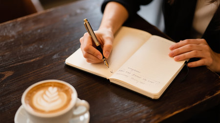 Woman writing in a notebook with a pen and a cup of coffeeの素材