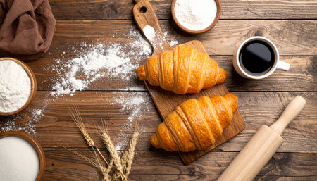 Fresh croissants on wooden table. Top view with copy spaceの素材