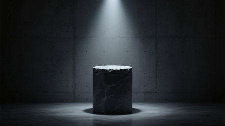 Round podium illuminated by spotlights in dark room. 3D renderingの素材