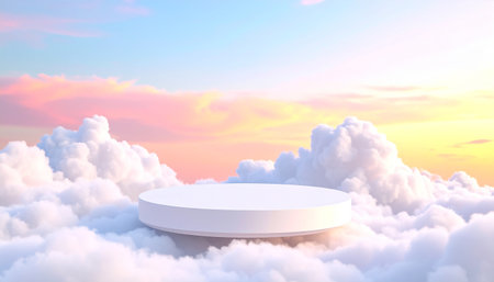White podium in the clouds at sunset. 3D render illustration.の素材