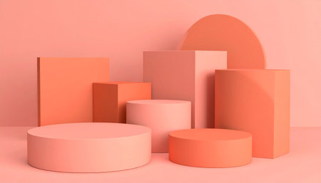 3d render of abstract minimal geometric forms. Glossy orange podium for your design. Fashion show stage.の素材
