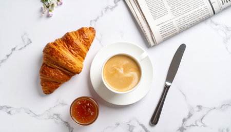 Breakfast with coffee and croissant on a white marble tableの素材