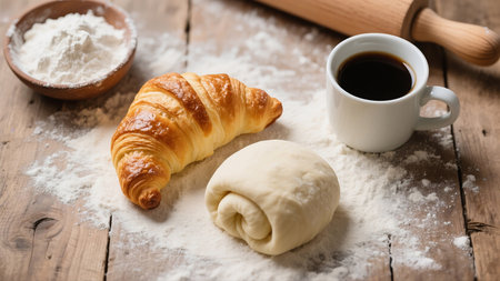 Cup of coffee, croissants and flour on wooden tableの素材