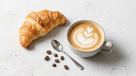 Cup of coffee with latte art and croissant on white backgroundの素材