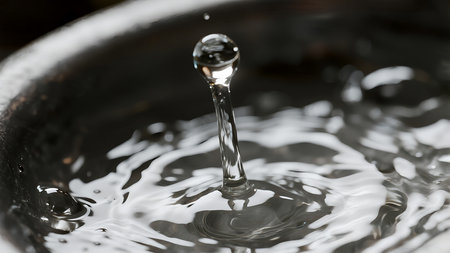 An abstract macro background of a single, perfect water drop about to fall from a faucet, symbolizing preciousnessの素材