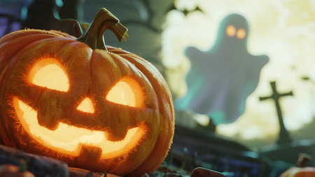 An abstract cartoon background texture of a blurred graveyard with glowing pumpkin outlines and faint ghost shapesの素材