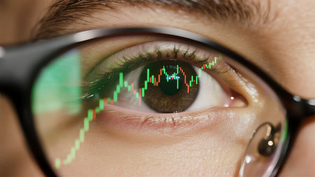 An abstract macro background texture of a glowing green stock graph reflected on the curved lens of a pair of eyeglassesの素材