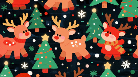 A seamless pattern with cute cartoon friendly reindeers, glowing Christmas trees, and snowflakes on a blurred snowy backgroundの素材