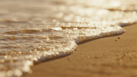 An abstract macro background texture of wet, sparkling golden sand with the gentle ebb and flow of a waveの素材