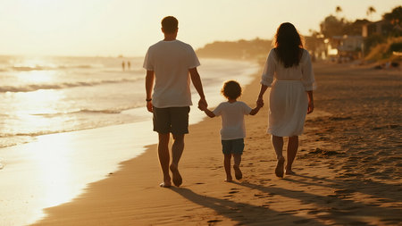 A young family with a small child walking hand-in-hand on a sandy beach at sunset, creating long shadows and a warm, happy holiday memoryの素材
