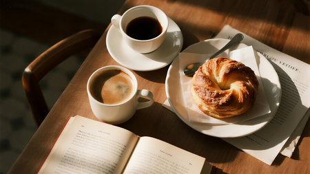 Breakfast with coffee and croissant on table in morning lightの素材