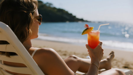 Young woman sitting in deck chair and drinking cocktail on the beach.の素材