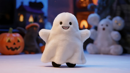 Halloween decoration with white ghost in front of a fireplace at homeの素材