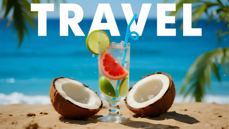 Tropical cocktail on the beach with coconut, lime and watermelonの素材