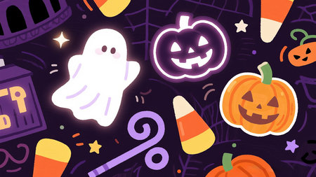 Seamless Halloween pattern with pumpkins, candy, ghosts and candies.の素材