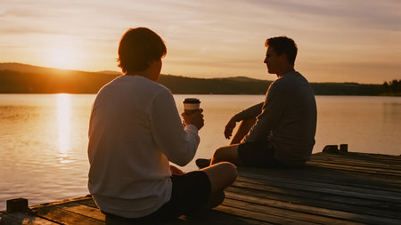 Two young men sitting on a pier at sunset and drinking coffee.の素材