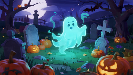 Halloween background with ghost and pumpkins, 3d render illustrationの素材