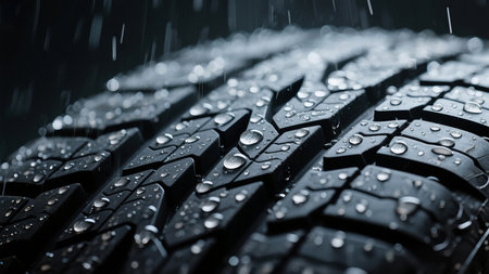 Close-up of car tire with raindrops on black background.の素材