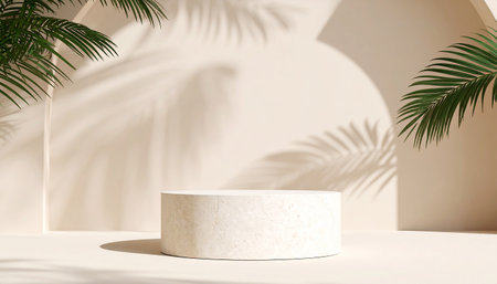 3d render of minimal product display podium with palm leaves shadows. Modern minimal scene for cosmetic product presentation.の素材