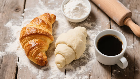 Cup of coffee and croissants on wooden table with flourの素材