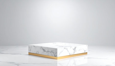 White marble podium on white marble background. 3d render illustration.の素材