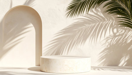 3d render of white marble product stand with palm leaf shadow on the wall.の素材