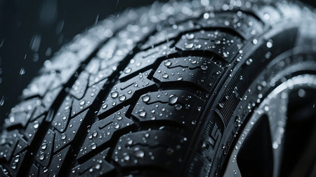 Car tire with water drops close up. Car tyre with rain drops.の素材