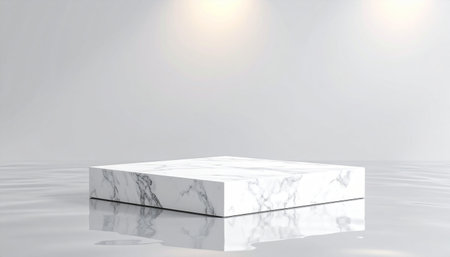 White marble pedestal on white background. 3D render illustration.の素材