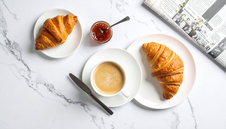 Delicious breakfast with coffee and croissants on white marble tableの素材
