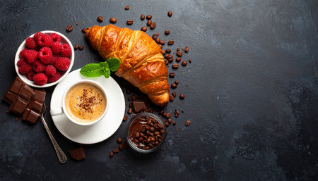 Cup of coffee and fresh croissant with raspberries, chocolate and mint on dark background. Top view with copy spaceの素材