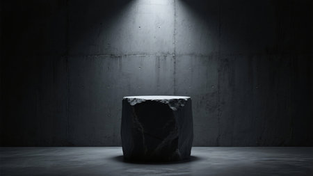 Black stone pedestal in dark room with spotlight. 3D renderingの素材