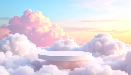 White podium in the clouds at sunset. 3d render illustration.の素材
